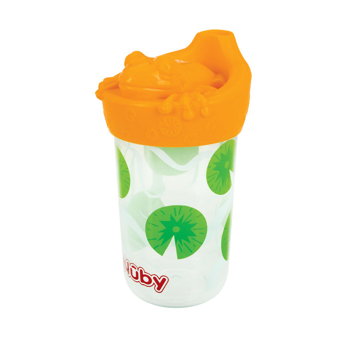 The 3D Character Soft Spout Sippy Cup | Orange Frog is a leak-resistant cup with a clear body decorated with green lily pads, an orange lid featuring a fun 3D frog, and a soft silicone spout for comfortable sipping.