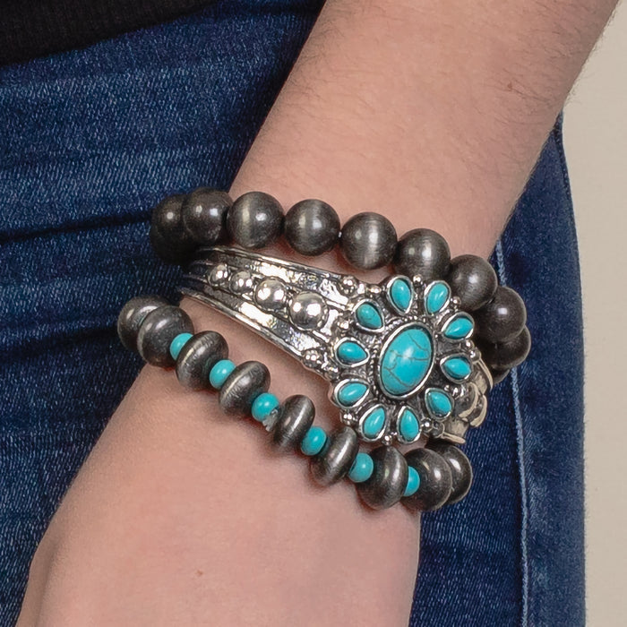74820 - Squash Blossom Stacked Bracelets - Turquoise & Silver
