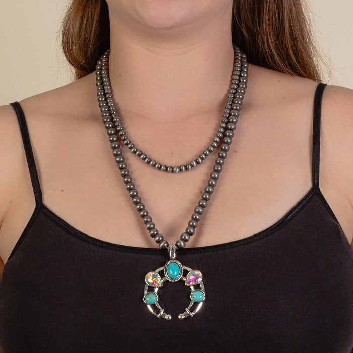 92084 - Layered Squash Blossom Necklace - Turquoise & Silver