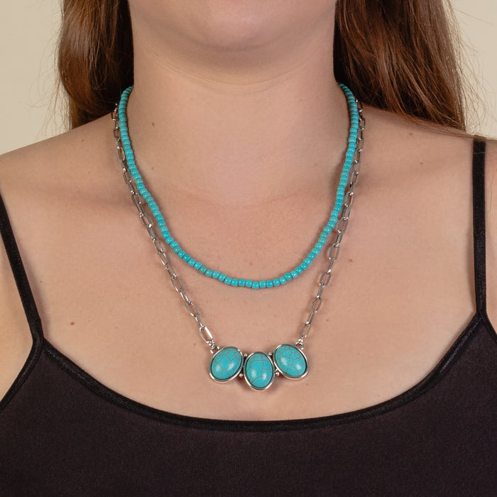 92110 - Layered Squash Blossom Necklace - Turquoise & Silver