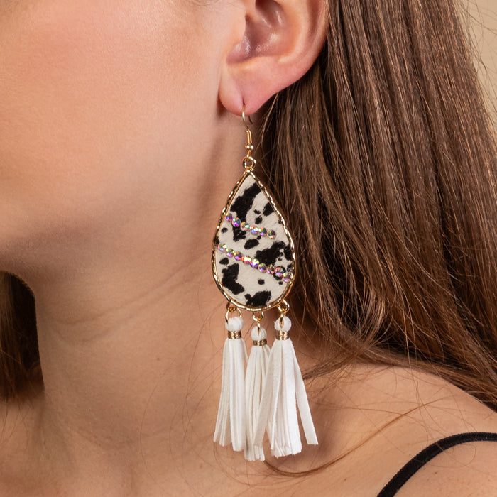 93209 - Animal Print Tassel Earrings - White