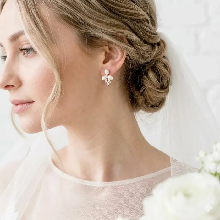 Wedding Jewelry - Pearl and Cubic Zirconia Bridal Earrings - Available in Silver, Rose Gold and Yellow Gold