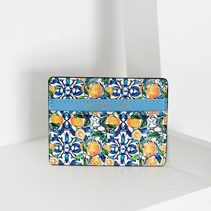 Amalfi Lemon card holder with blue stripes, yellow lemons, and floral pattern on vegan leather.