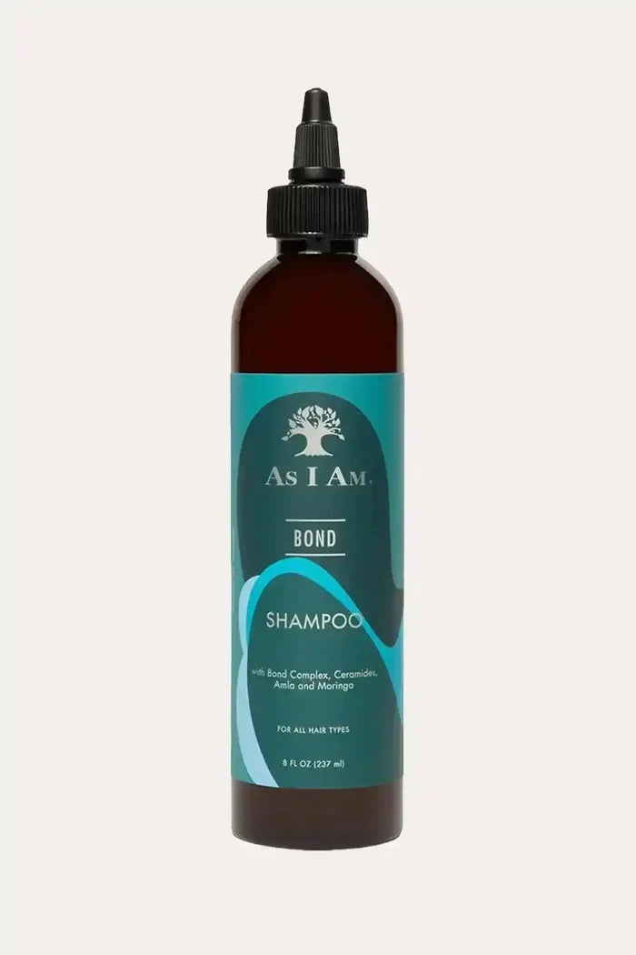 Front view of As I Am Bond Shampoo (8 fl oz), a sulfate-free formula designed to cleanse, strengthen, and protect weakened hair bonds.