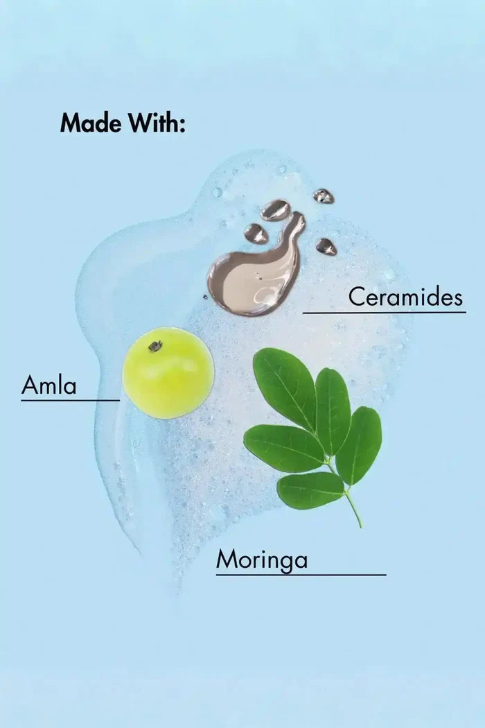 Infographic of Bond Shampoo ingredients: Moringa for strength, Amla for resilience, and Ceramides to restore the hair barrier.