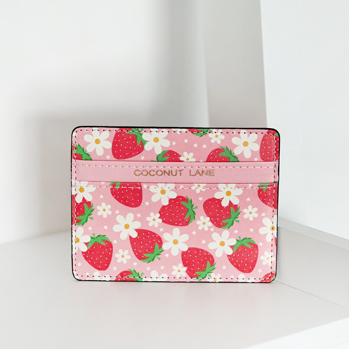Pink Berry Cute Strawberry Card Holder with flower prints from Coconut Lane on a white surface.