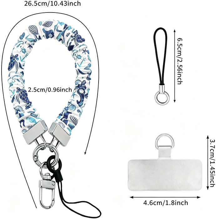A Blue Lagoon scrunchie phone wrist strap with a blue and white sea turtle and ocean design attached to a matching Wavy Luxe case on a blue starfish background.