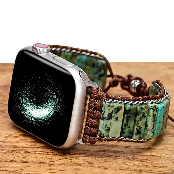 Boho-Amazonite Bracelet Band For Apple Watch — Hand-strung stones, a subtle leather weave, and sleek metal accents create a boho look you can wear from daytime errands to date night.
