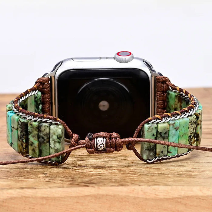 Boho-Amazonite Bracelet Band For Apple Watch — Hand-strung stones, a subtle leather weave, and sleek metal accents create a boho look you can wear from daytime errands to date night.