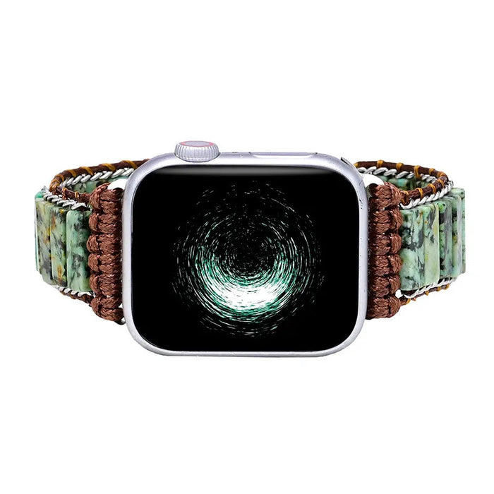 Boho-Amazonite Bracelet Band For Apple Watch — Hand-strung stones, a subtle leather weave, and sleek metal accents create a boho look you can wear from daytime errands to date night.
