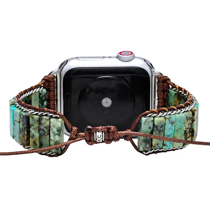 Boho-Amazonite Bracelet Band For Apple Watch — Hand-strung stones, a subtle leather weave, and sleek metal accents create a boho look you can wear from daytime errands to date night.
