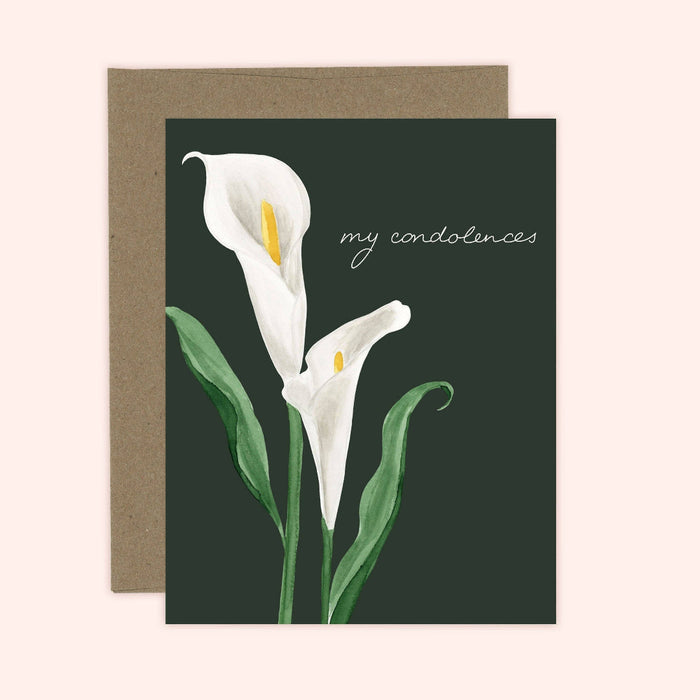 Greeting card with white lilies and 'my condolences' text on a dark background