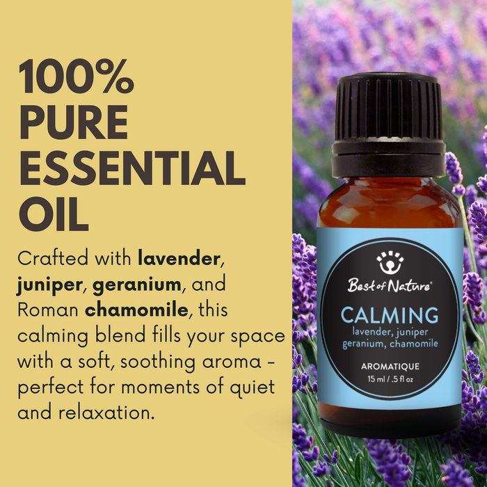 Bottle of calming essential oil blend with lavender background