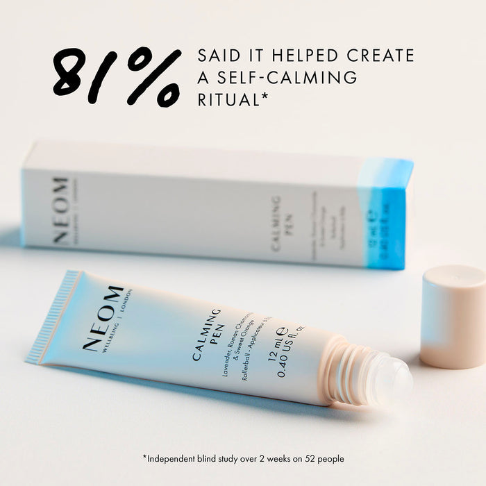 NEOM calming pen roll-on with essential oils shown with study result supporting self-calming ritual