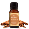 Bottle of cinnamon essential oil with cinnamon sticks on a white background