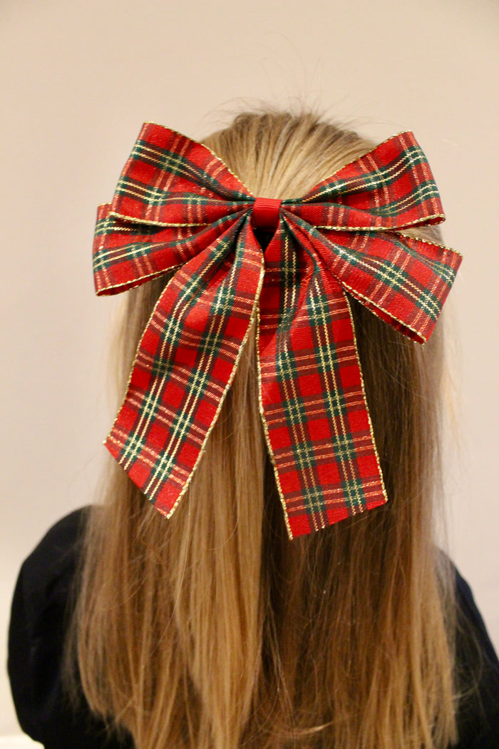 Classic Red Gold Tartan Tail XL Bow - 6 Inches