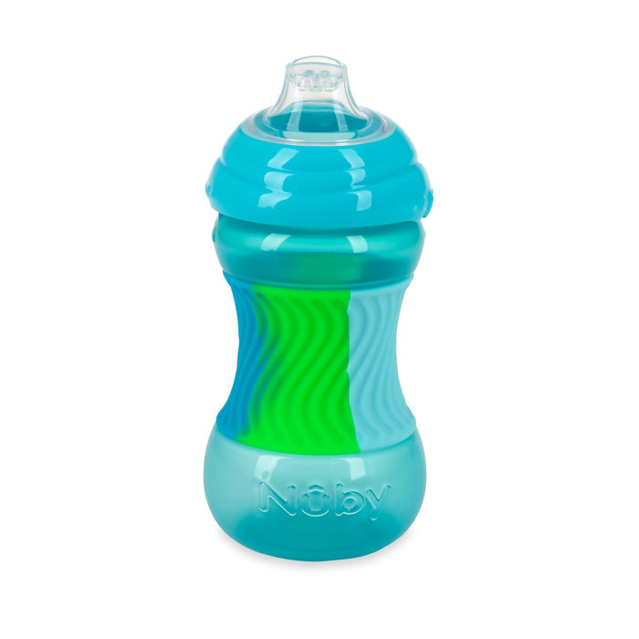 The Nuby Clik-It Sili Bands Soft Spout Sippy Cup is a blue and green plastic cup for toddlers, featuring a clear silicone spout and wavy grip pattern on the sides.