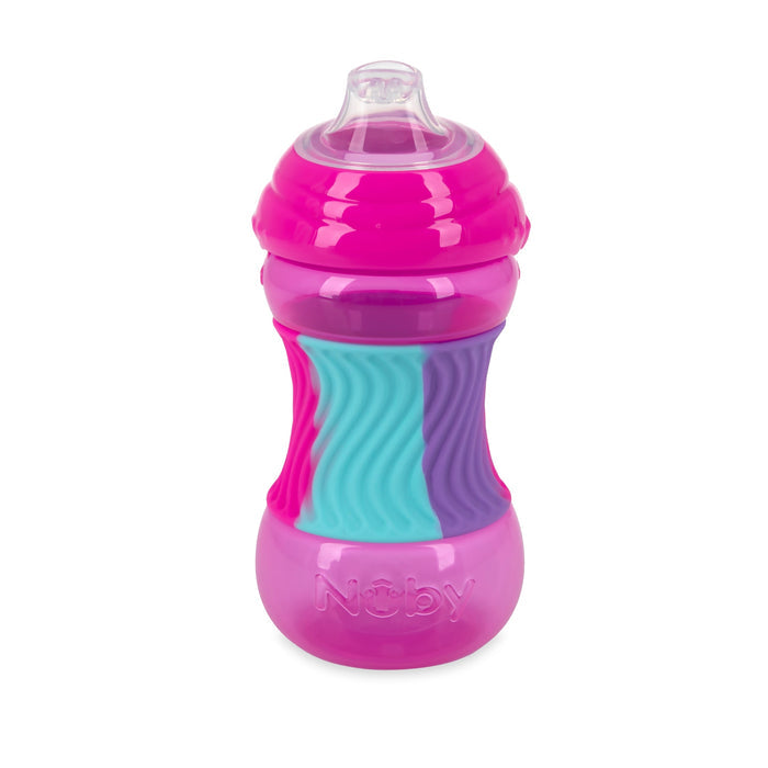 The Nuby Clik-It Sili Bands Soft Spout Sippy Cup features a pink, purple, and blue design with a textured, wavy grip and a clear silicone spout, perfect for toddlers.