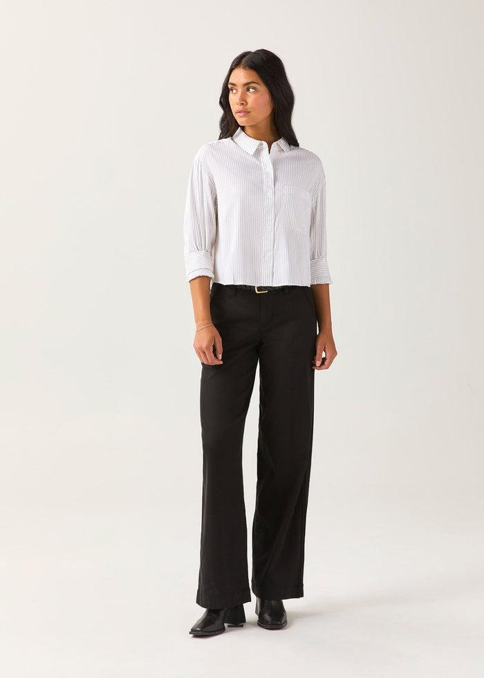 Women's White Fine Stripe Twill Button Down front full body
