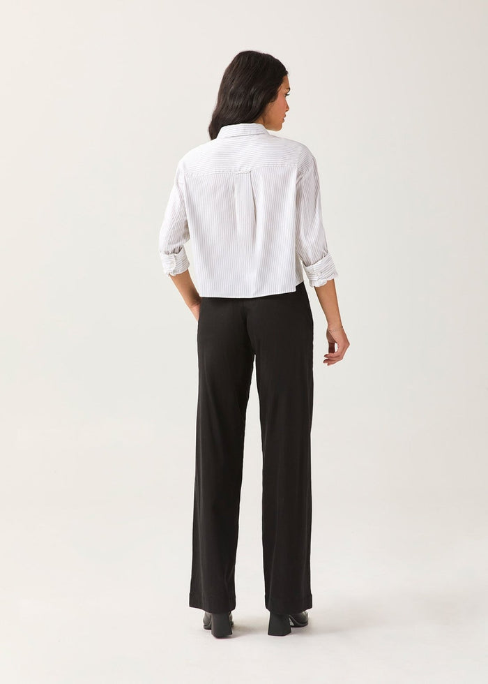 Women's White Fine Stripe Twill Button Down full body back