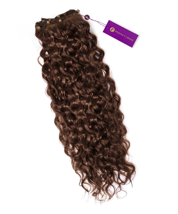 Golden brown  Curly Beaded Weft Rows hair extensions from Perfect Locks, with a purple tag, on a white background.#color_chocolate-brown-(3)