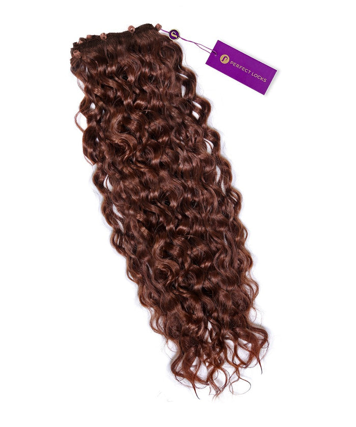 A bundle of long, curly Curly Beaded Weft Rows hair extensions in Honey Blonde  with a purple tag, neatly arranged on white.#color_dark-auburn-(33)