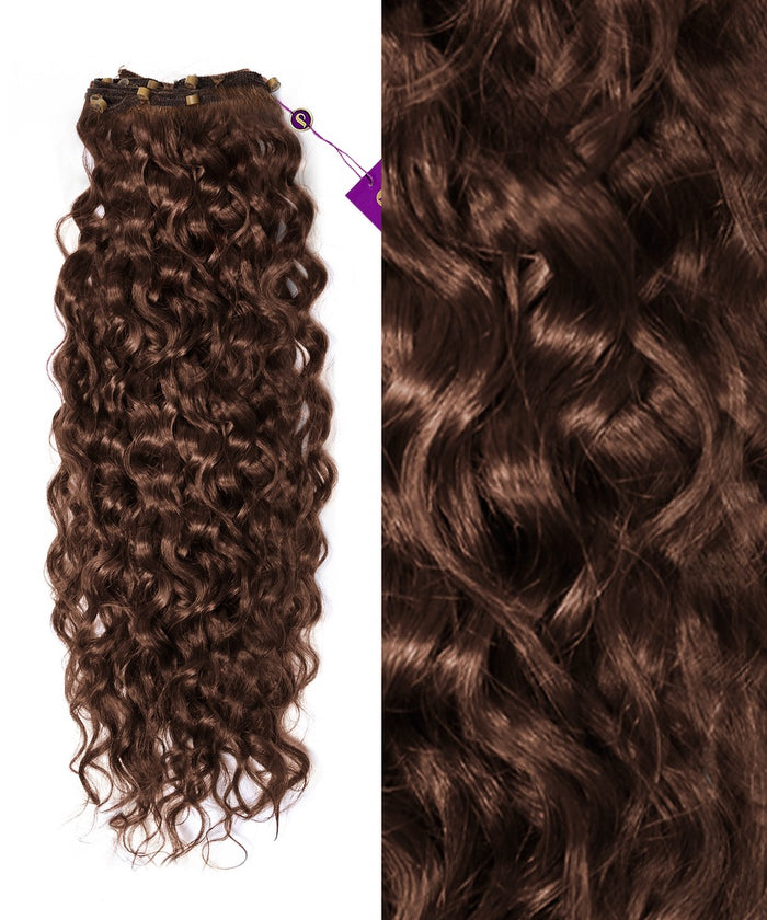 On the left, Perfect Locks Curly Beaded Weft Rows in chocolate brown are displayed; on the right, a close-up highlights shiny, defined curls. The extensions look thick, voluminous, and healthy.#color_chocolate-brown-(3)