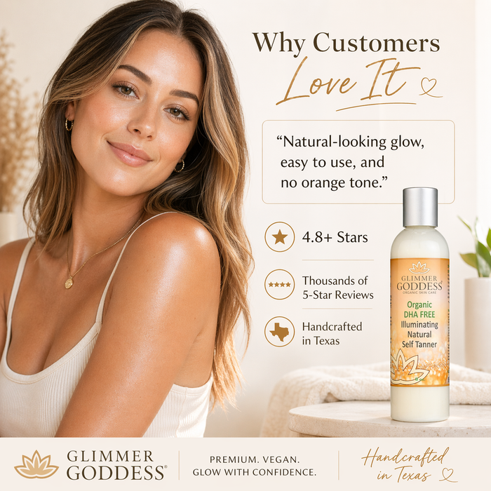 DHA-Free self tanner for sensitive skin by Glimmer Goddess Organic Skin Care, showing smooth, bronzed skin with natural glow.
