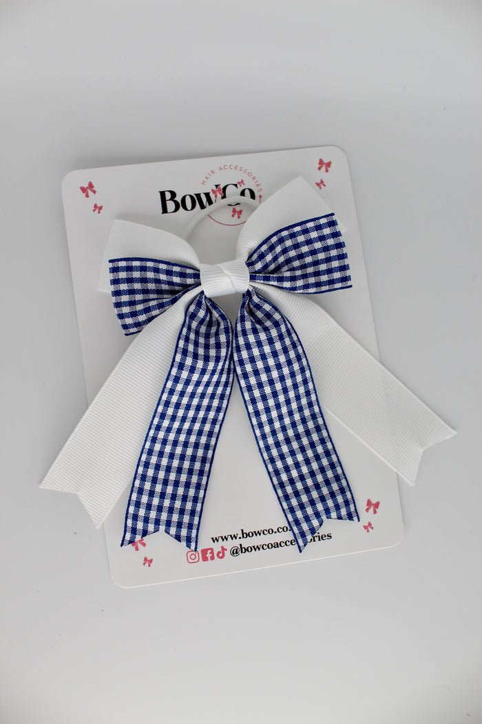 Double Ribbon Tail Bow - School Bow Navy Blue Gingham - Elastic