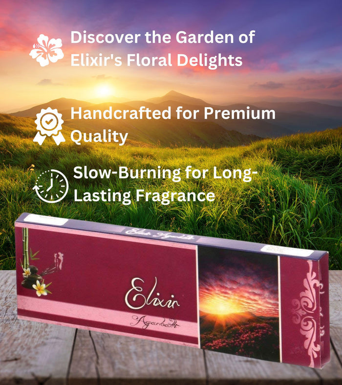 Incense stick box with maroon Elixir panel and burning sunset-style image on the side