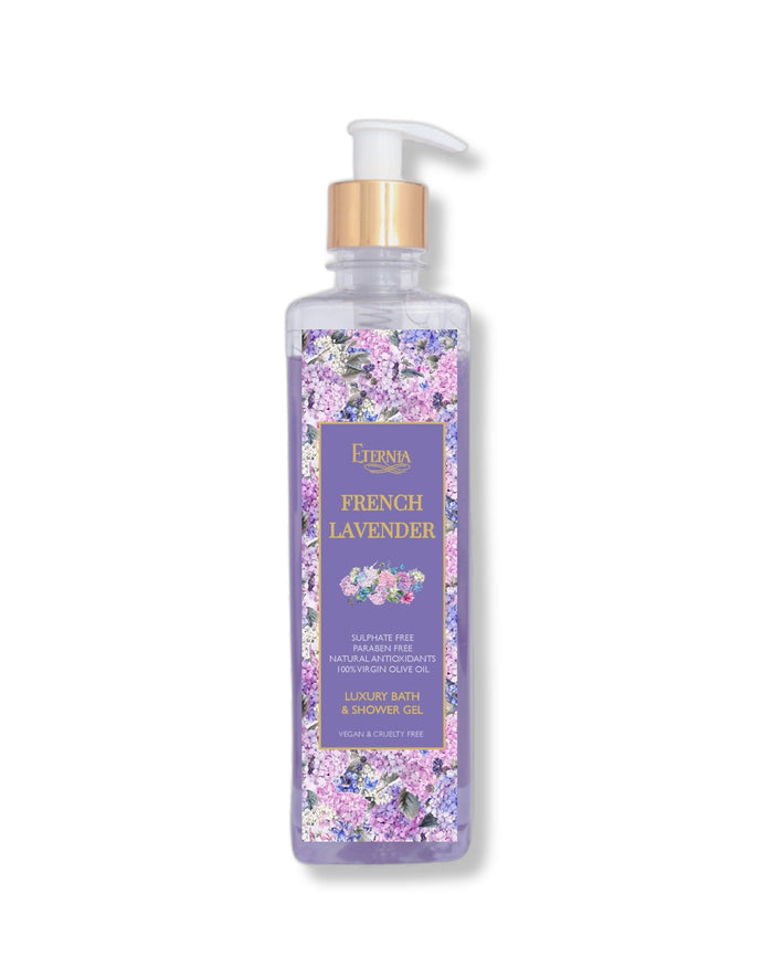 French lavender bath and shower gel bottle with clear pump and purple floral label