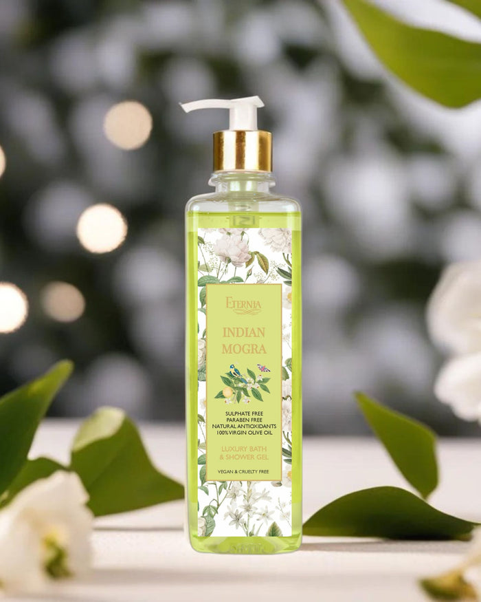 Eternia® Indian Mogora shower gel bottle with pump, clear pale green liquid