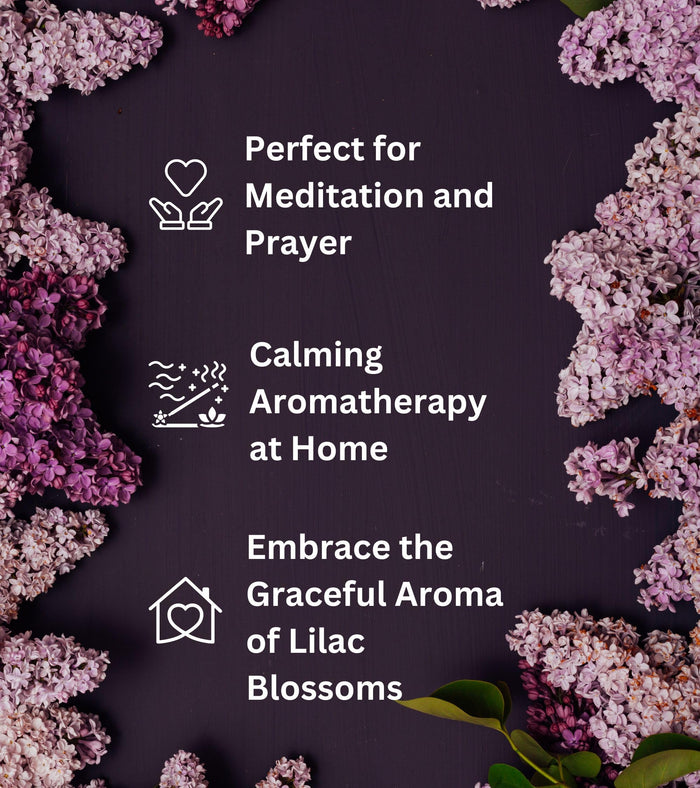 Lilac Blossoms incense infographic graphic with heart and leaf icons