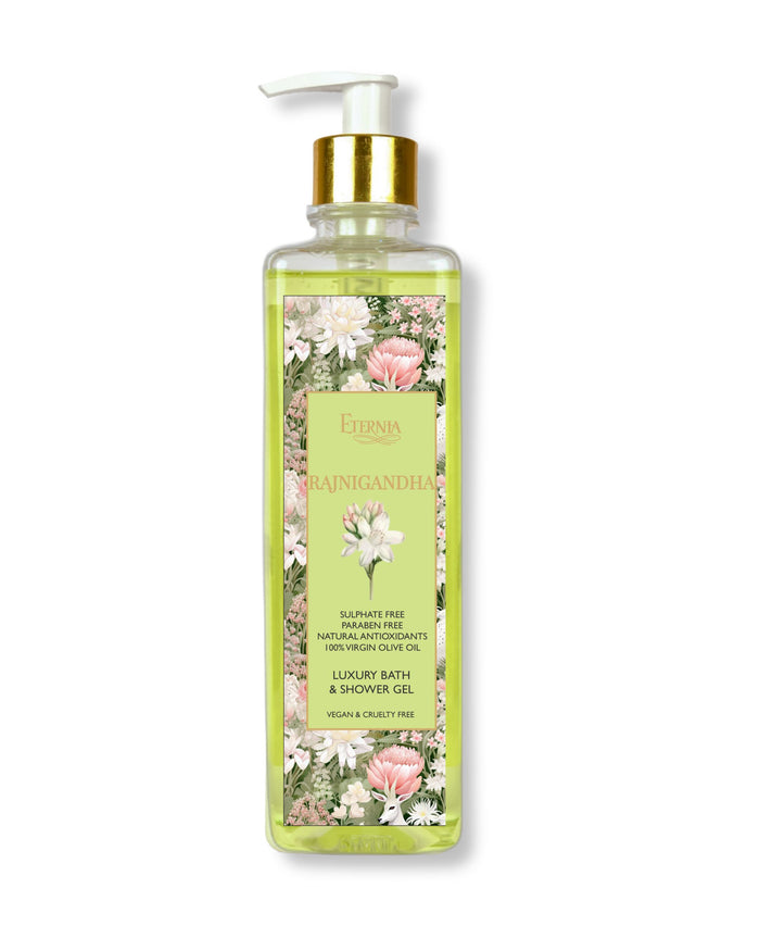 Eternia bath and shower gel bottle with gold pump, floral label