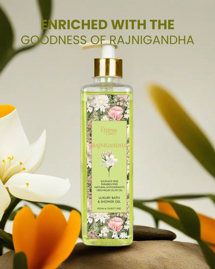 Eternia bath and shower gel bottle with gold pump and enriched text