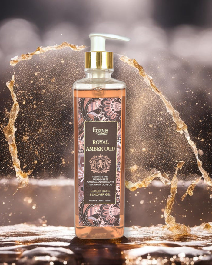 Eternia Royal Amber Oud bath gel bottle with gold pump, clear body, amber label