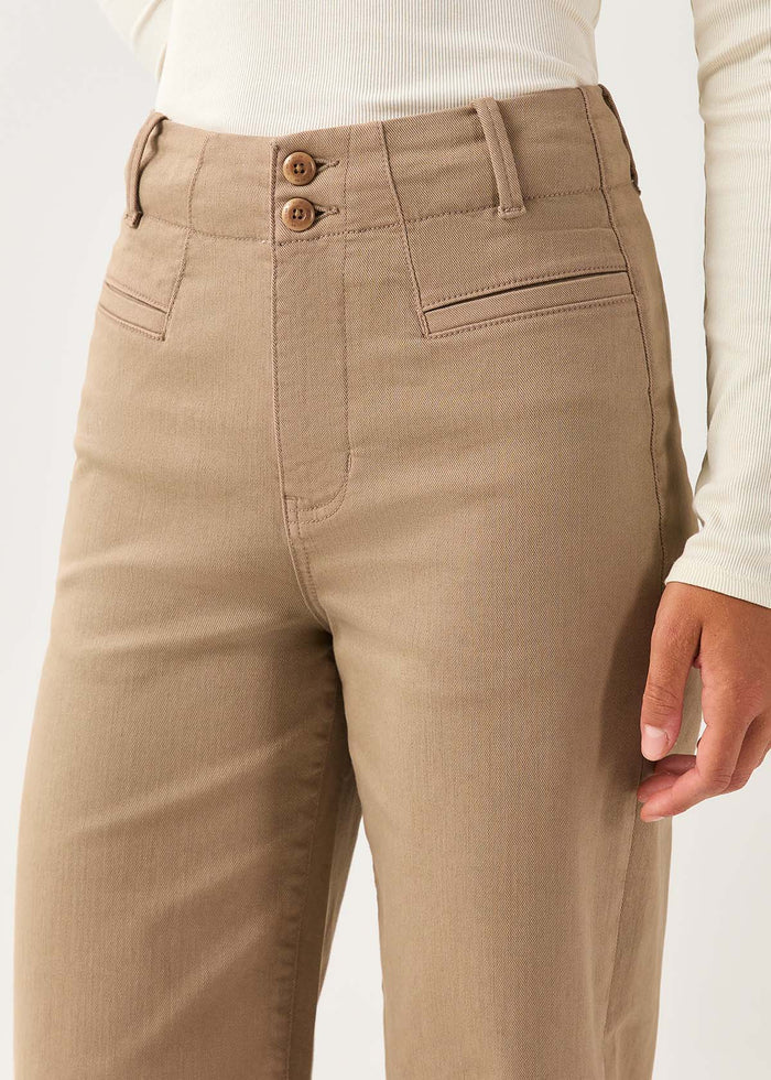 Women's Desert Tan High Rise Trouser front button detail
