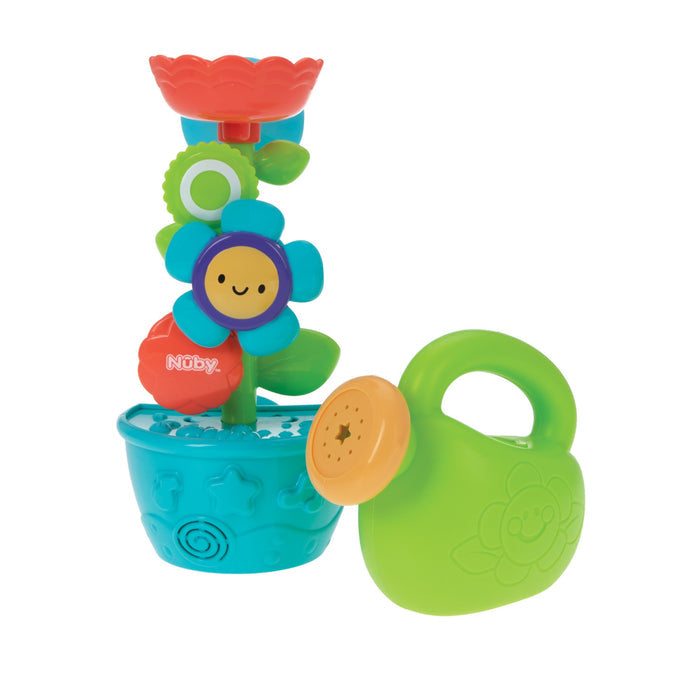 The Nuby Flow N' Grow Bath Toy is a colorful plastic garden set featuring smiley-faced flowers, a green watering can, and a blue star-patterned pot. Designed for kids, this sensory toy helps develop motor skills during bath time play.