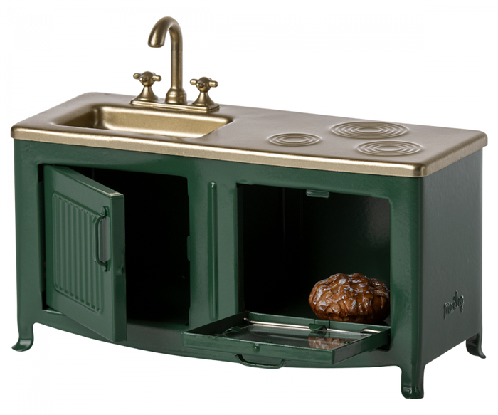 Maileg - Furniture For Mouse - Kitchen - Dark Green - With Doors Open