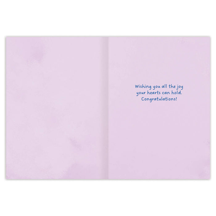 Open card with purple interior and blue text on a white background