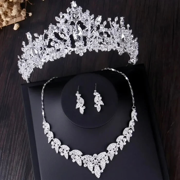 Wedding Jewelry and Accessories - Silver Cubic Zirconia 3-Piece Bridal Jewelry Set With Tiara