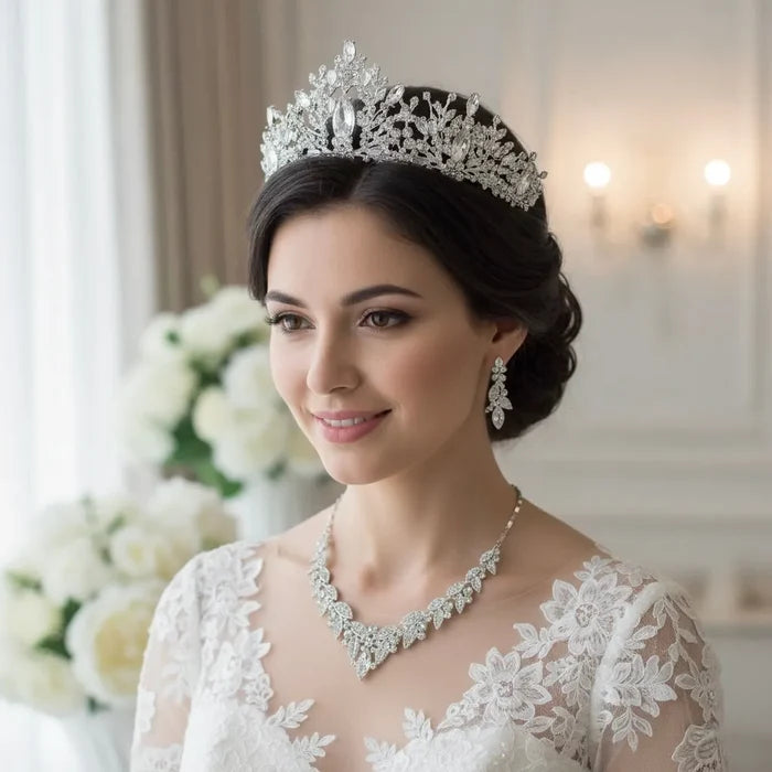 Wedding Jewelry and Accessories - Silver Cubic Zirconia 3-Piece Bridal Jewelry Set With Tiara