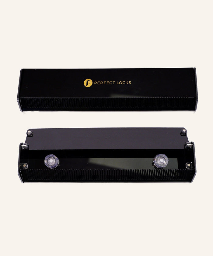 Two black Hair Extension Detangling Caddies by Perfect Locks: one closed with logo, one open showing suction cups, on beige background.#color_black