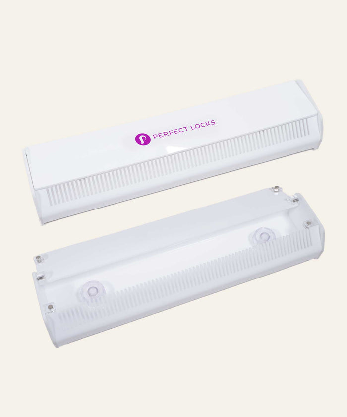 Two white Hair Extension Detangling Caddy cases from Perfect Locks, one open and one closed, feature the purple logo. The open case reveals two suction cups inside for securing Remy hair extensions.#color_white
