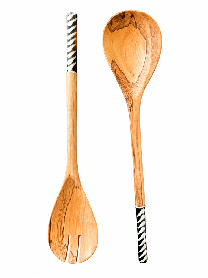 Handmade Olive Wood Salad Set Zebra Design- Cowbone Handle
