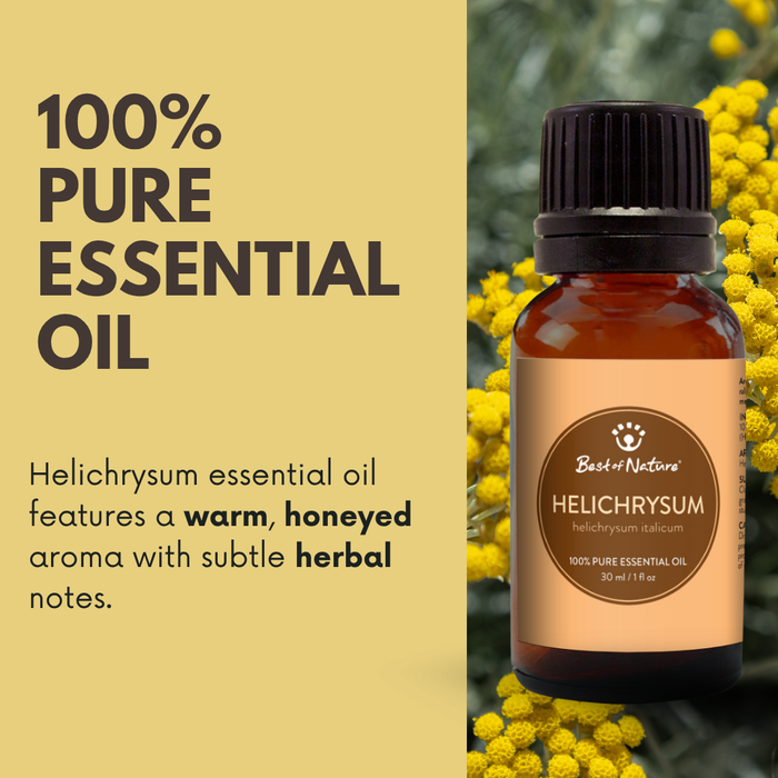 Helichrysum essential oil features a warm, honeyed aroma with subtle herbal notes.