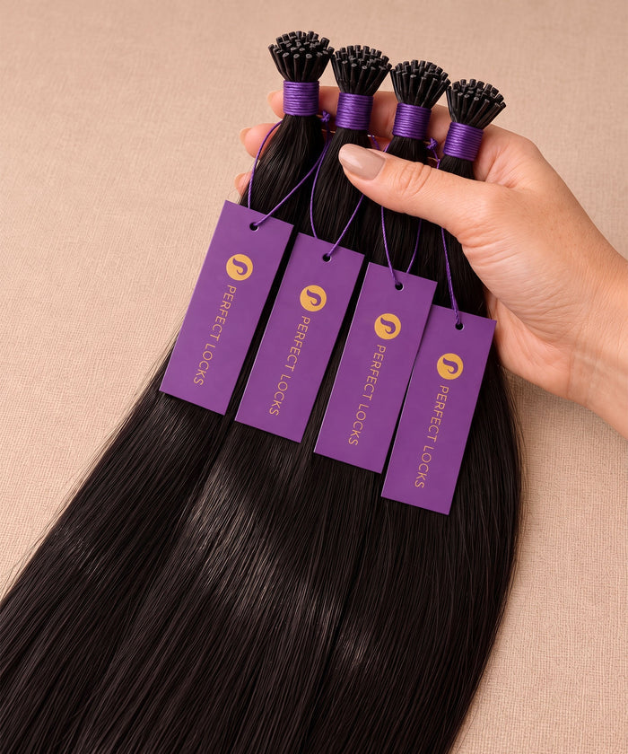 Hand holding four straight natural black i-tip fusion hair extension bundles with keratin tips and Perfect Locks tags