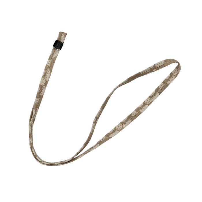 Tan and brown lanyard with mocha flower pattern and black wrapped loop, designed for universal phone lanyard patches.