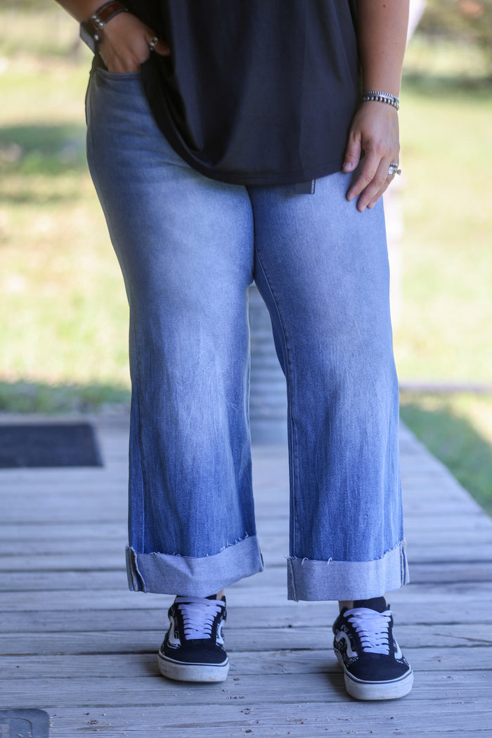 Light Wash Crop Wide Leg Cuffed Mid Rise Jean