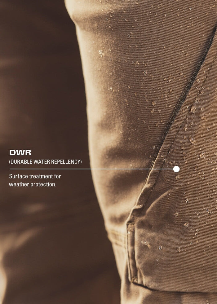 water beading on the fabric due to the DWR surface treatment for weather protection